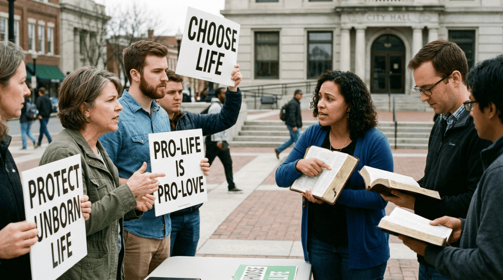 People debate pro-life beliefs outside city hall with signs and Bibles